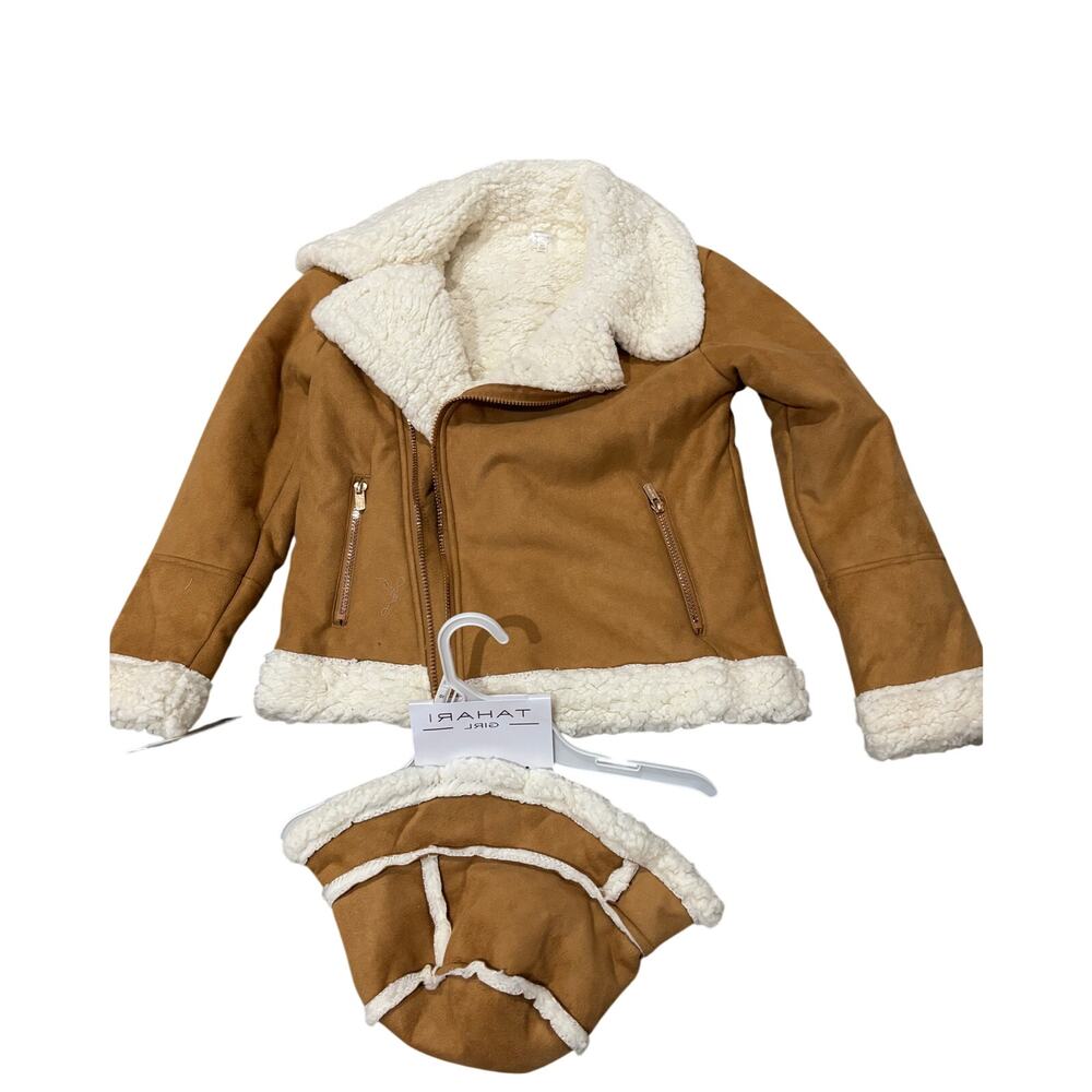 Tahari 10 tan moto front zip sherpa lined cream w/ matching bucket hat nwt